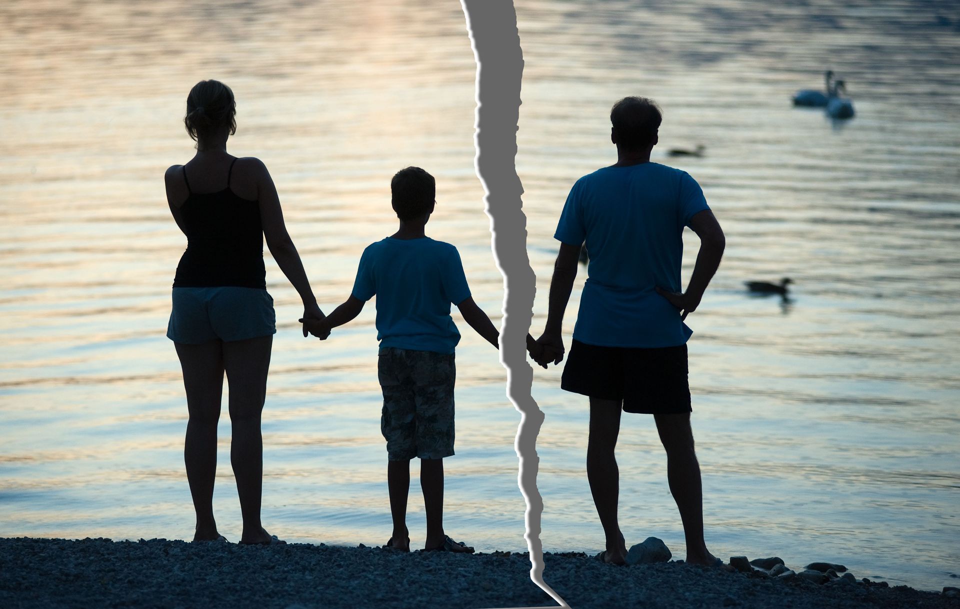 Three people holding hands on a beach at sunset, with a torn paper effect down the center.