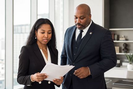 Two colleagues reviewing documents in a modern office setting
