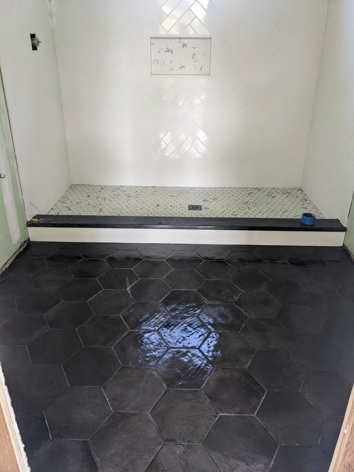 Black hexagon tile bathroom floor, shower with mosaic tile floor, white walls.