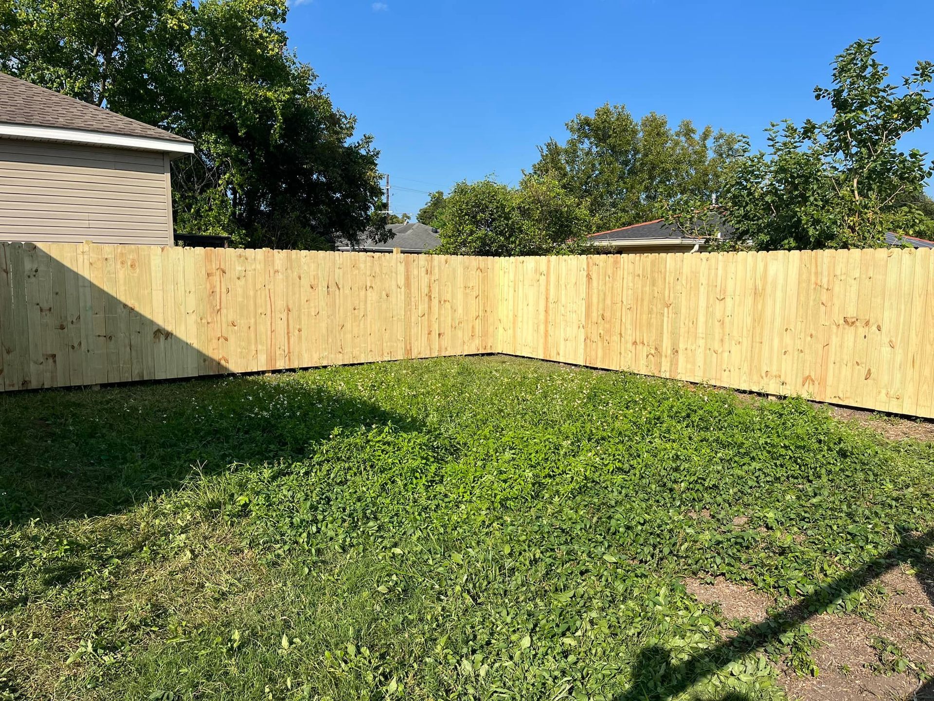 Wooden fence encloses a grassy backyard with a clear blue sky.