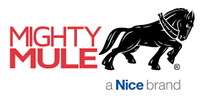 Mighty Mule logo: Red text and a black draft horse.