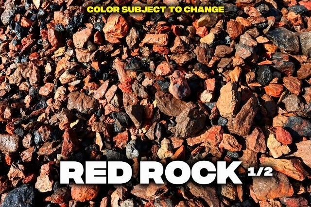 Red rock gravel, mostly reddish-brown with some black, text reads
