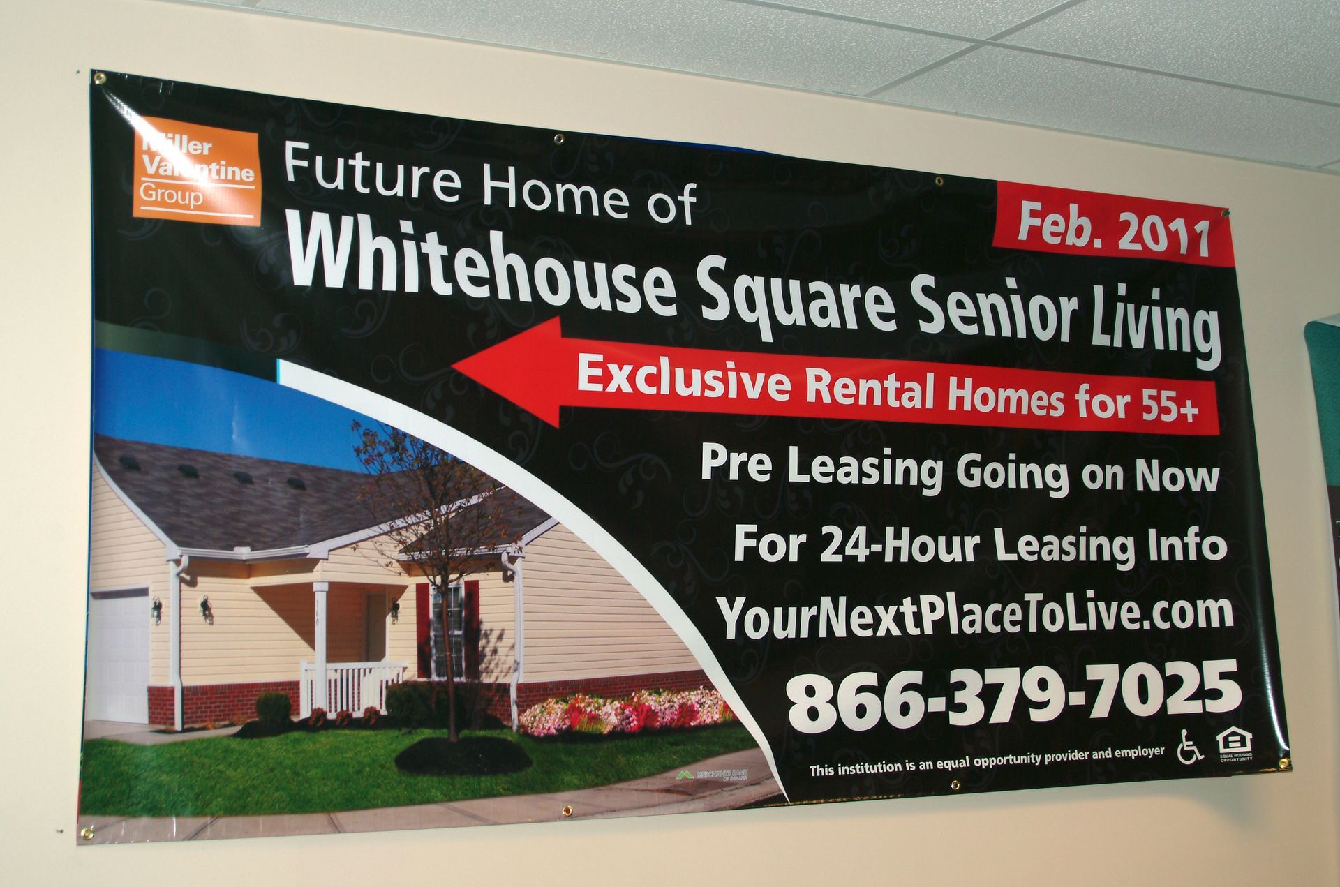 Banner for Whitehouse Square Senior Living, with a picture of a house, website and phone number.