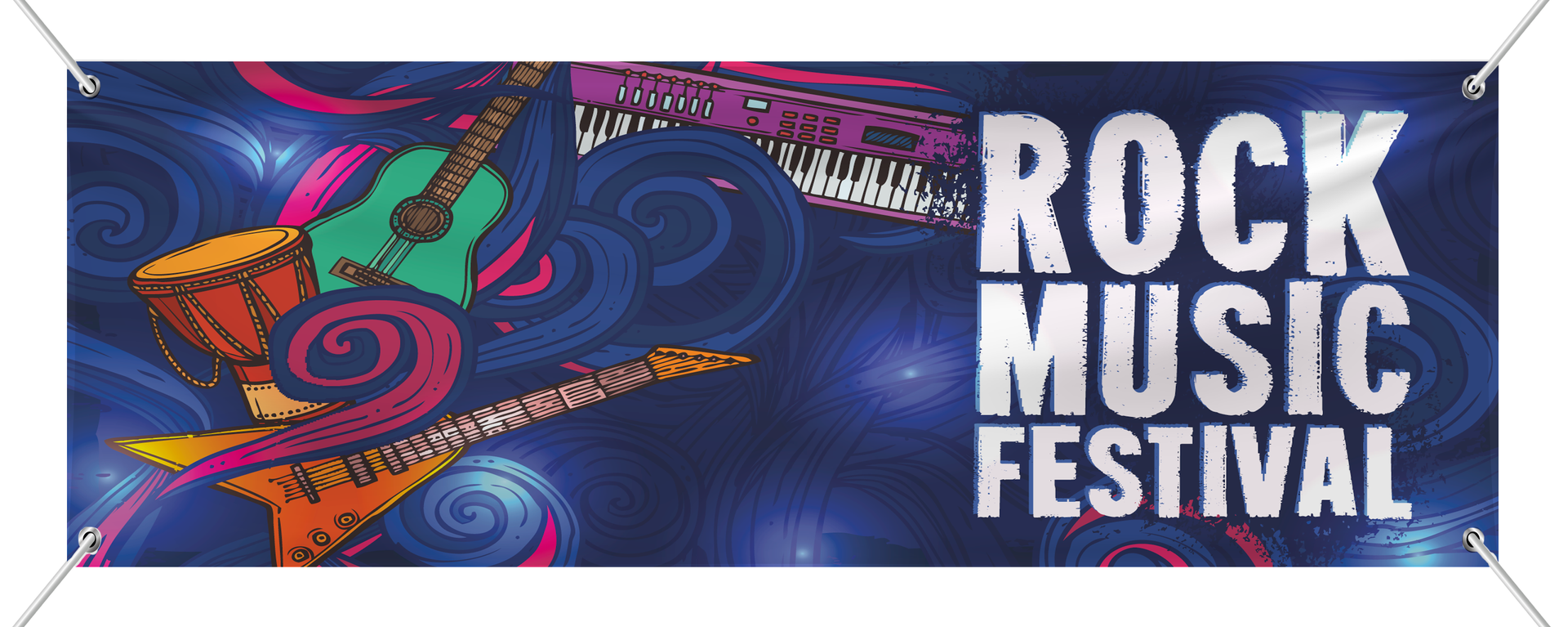 Banner for a rock music festival. Contains guitars, drum, and keyboard graphics in a swirling blue background.