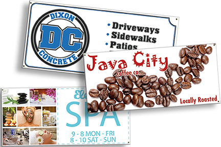 Three rectangular business signs: Dixon Concrete, Java City coffee, and Elena Spa.
