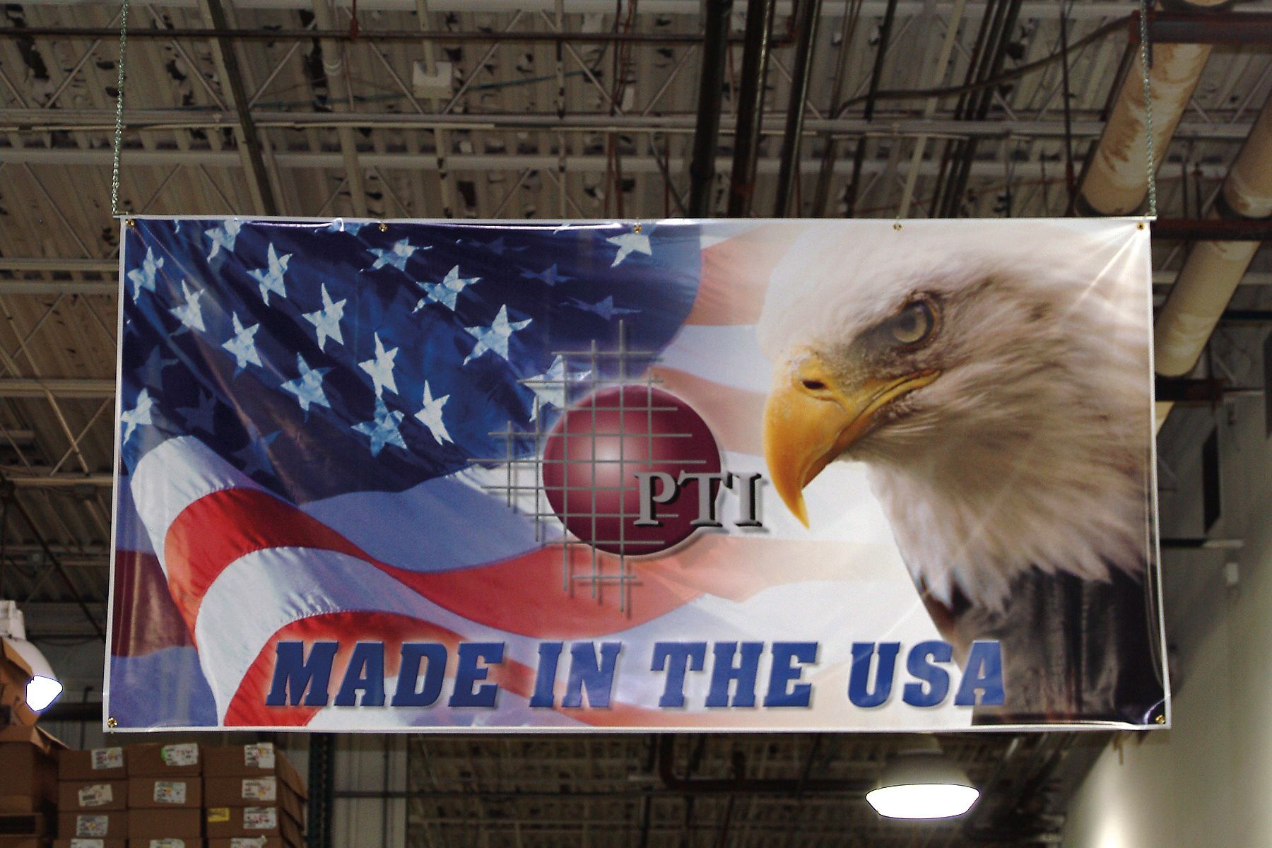 Banner with American flag, eagle, logo, and