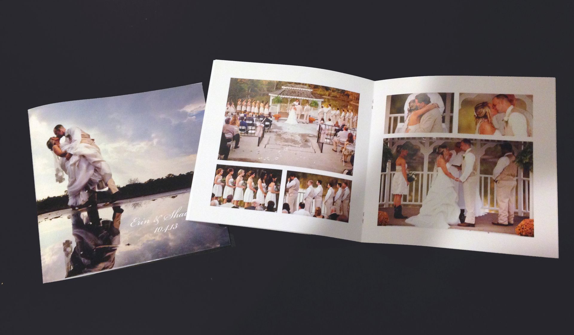 Wedding album, couple embracing on cover, interior with ceremony photos.