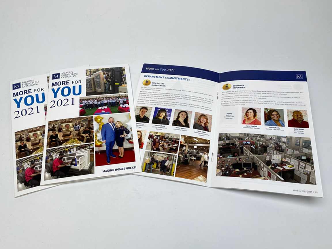 Brochure spread with photos of people and text, blue and white color scheme, promoting a