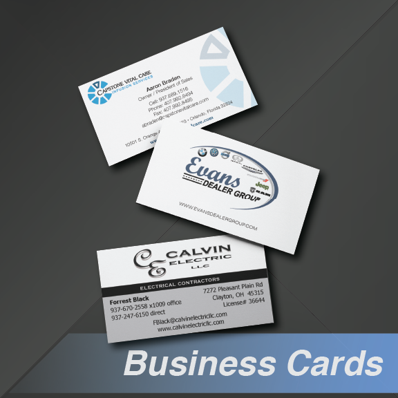 Three business cards: medical care, car dealership, and electrical contracting.