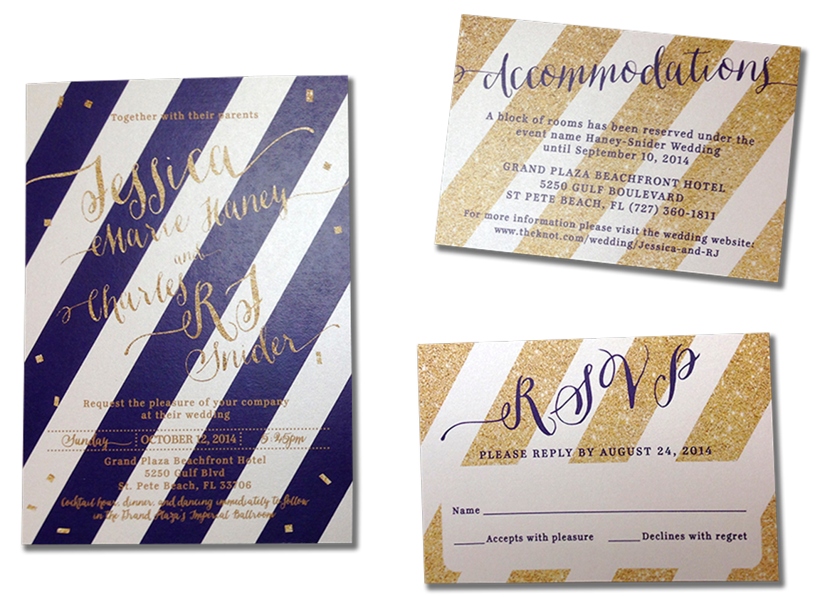 Wedding invitation suite: navy and gold diagonal stripes, with calligraphy text.
