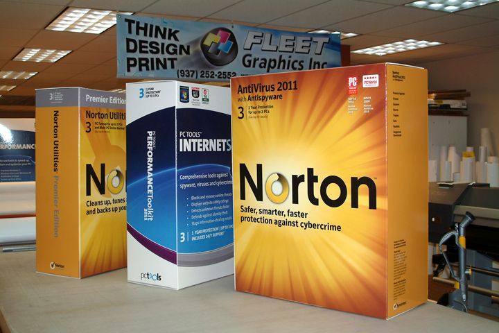 Boxes of Norton antivirus software on a counter at Fleet Graphics Inc.
