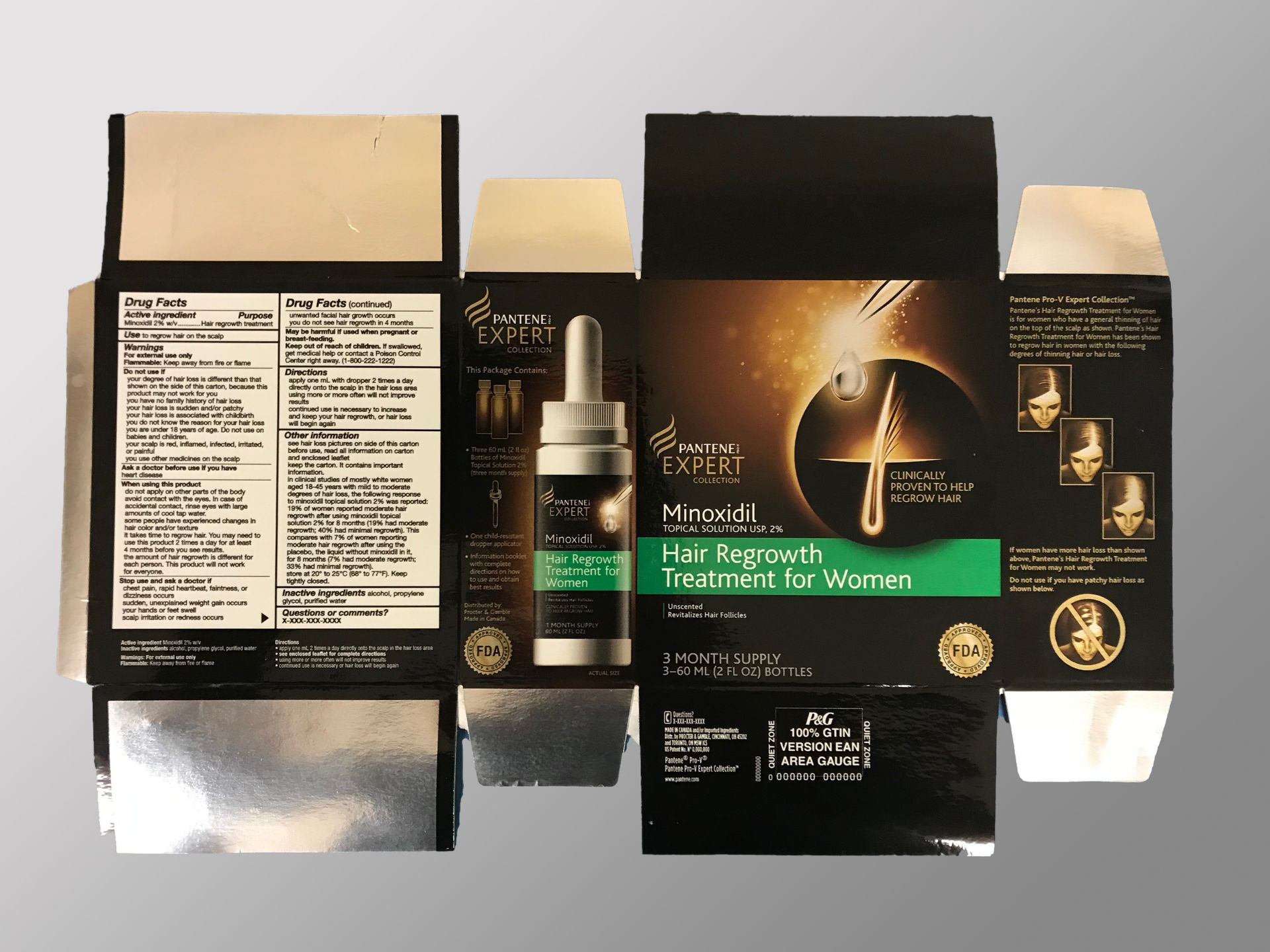 Hair regrowth treatment box for women; black and gold; shows a bottle of serum and a diagram of hair growth.