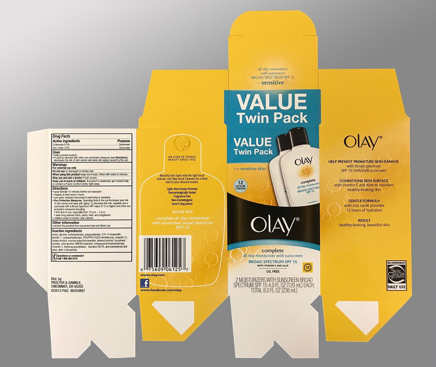 Olay skincare product box, yellow and white, flat-lay layout, featuring twin pack, ingredients, and barcode.