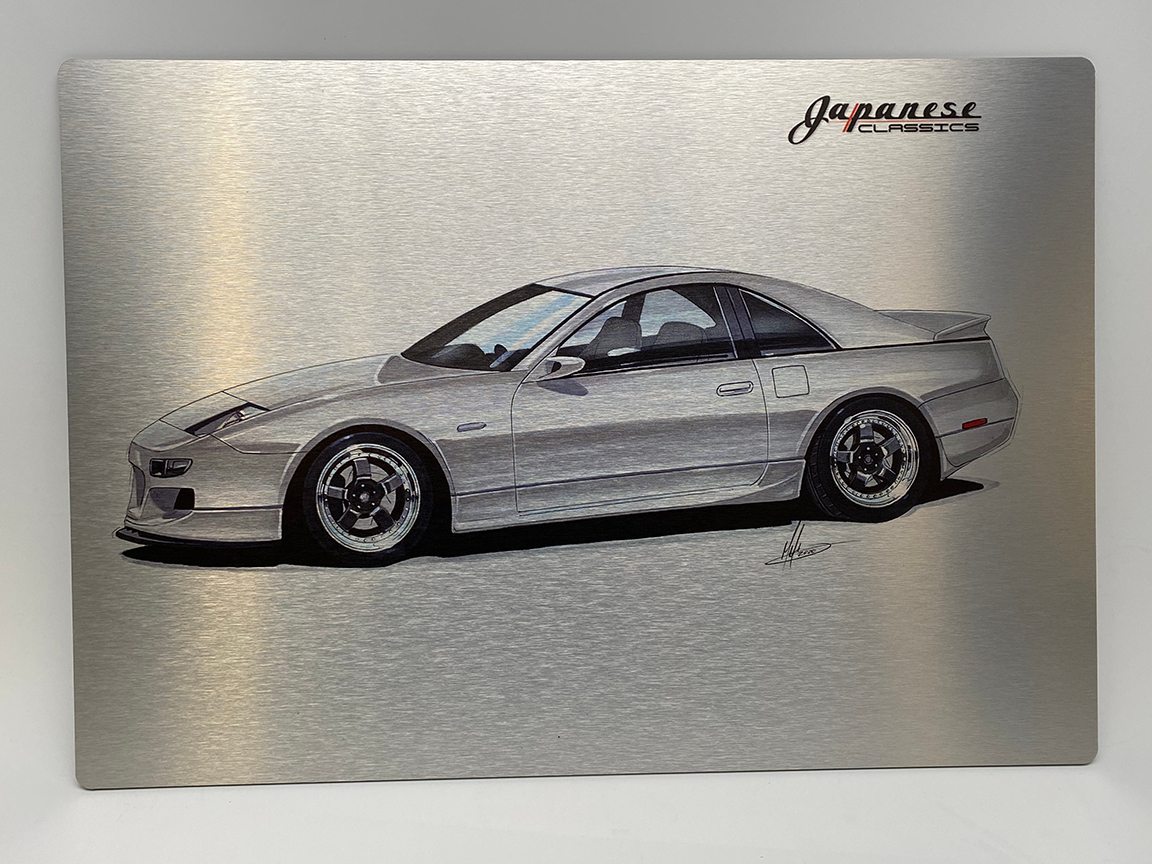 Silver car art on a brushed metal background, 