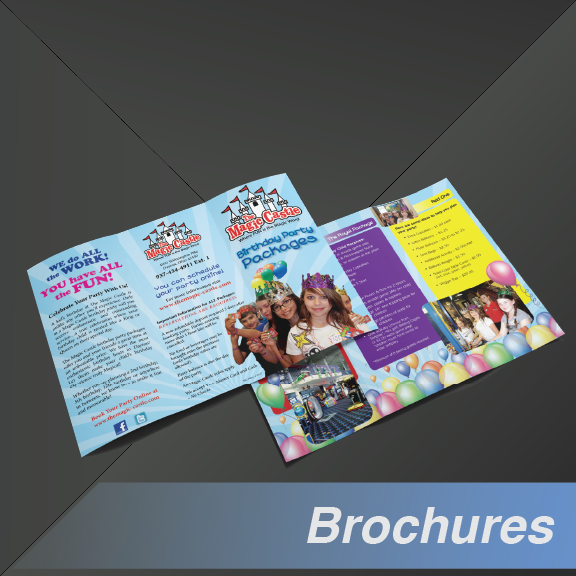 Brochure, tri-fold, open. Birthday party packages; colorful, children, balloons, text, and photos.