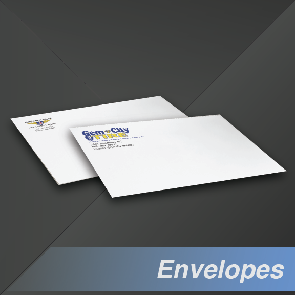 Two white envelopes with blue and yellow logo, against a gradient gray background.