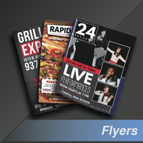 Three flyers stacked: Grill Express, Rapid Pizza, and a live performances advertisement.