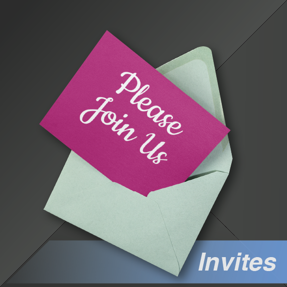 Invitation card in an envelope, reads 