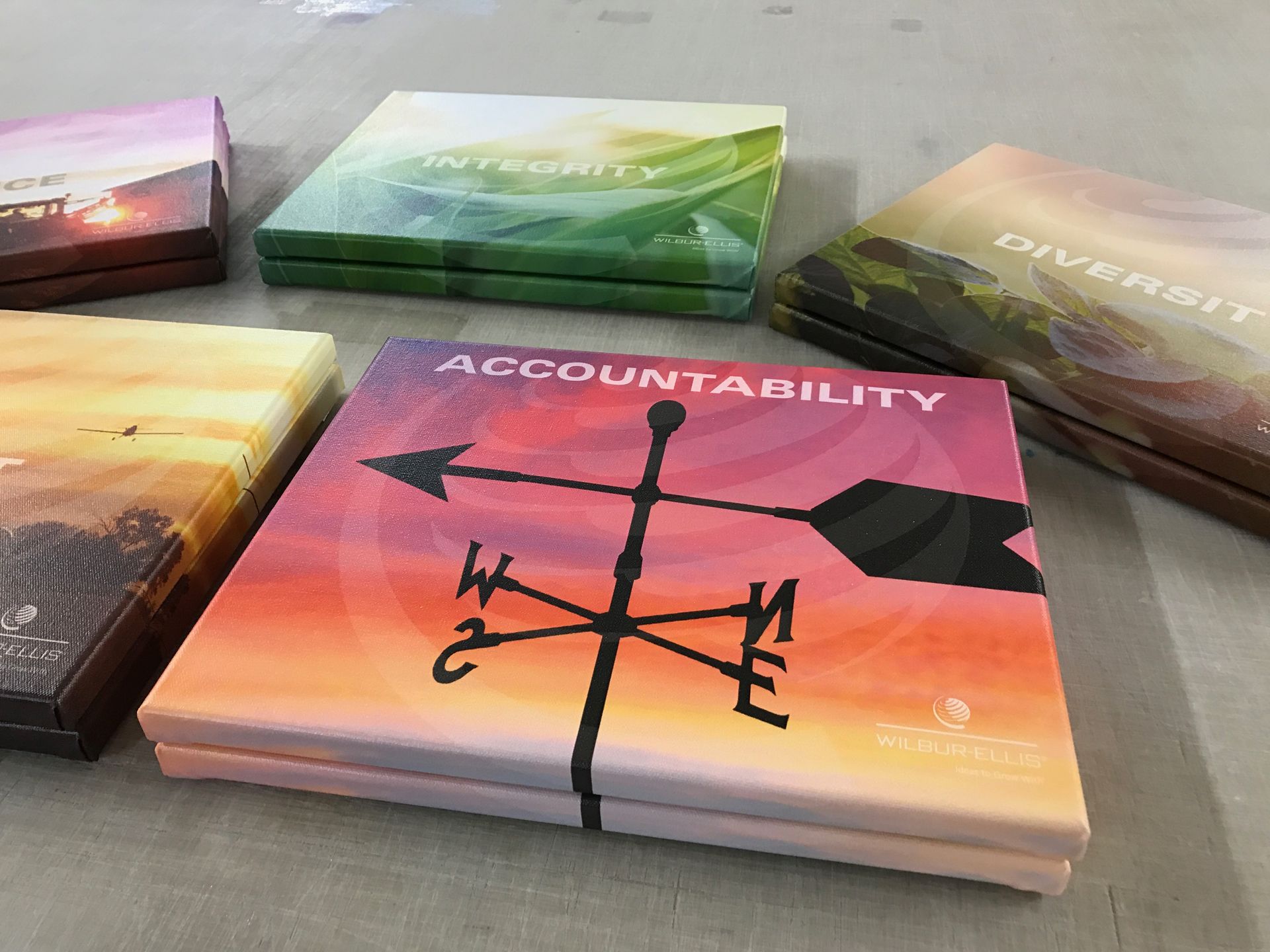 Five wrapped square canvases, each with a different word on the top: Accountability, Diversity, and Integrity. Sunset backgrounds.