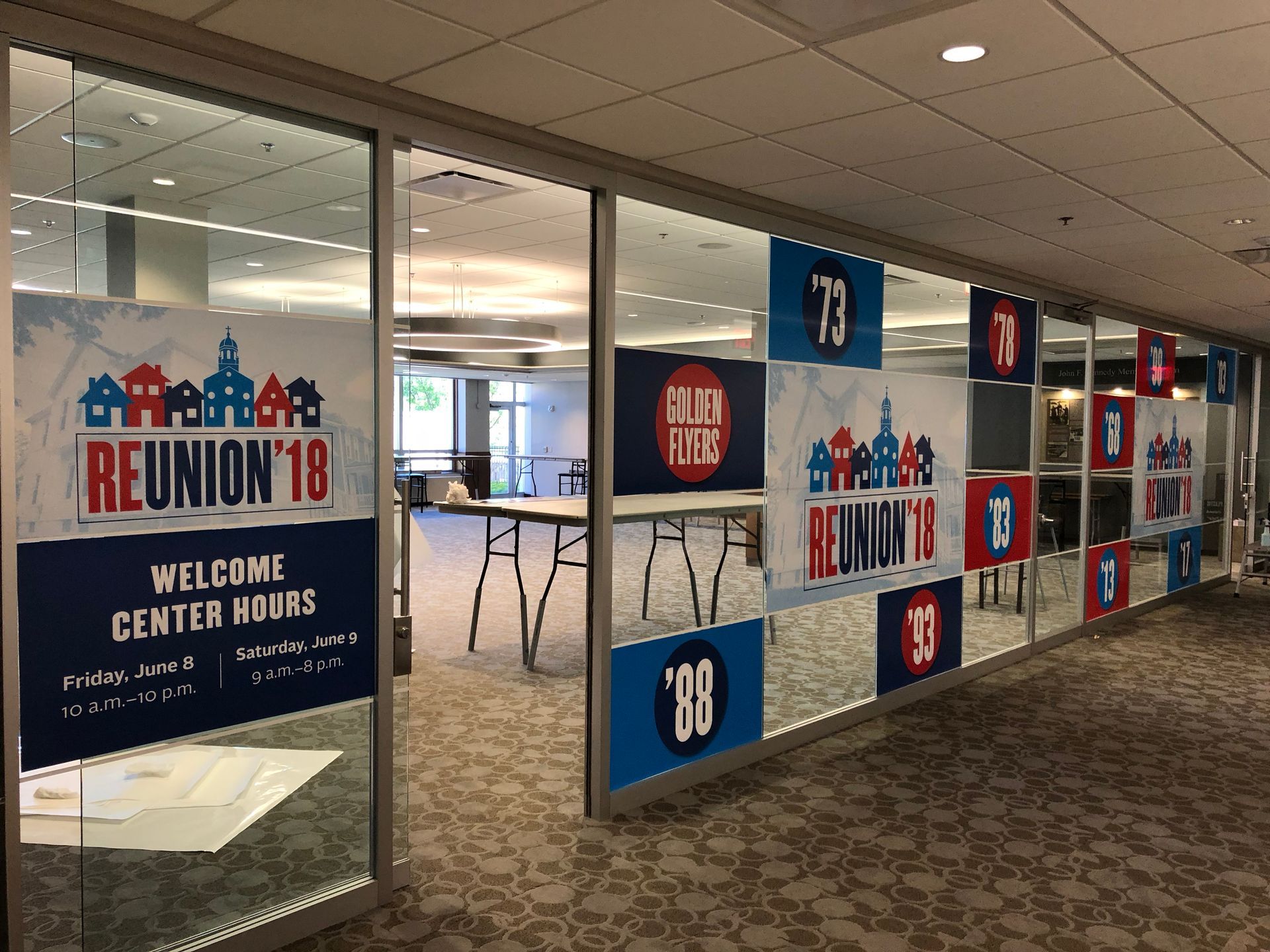 Hallway with glass windows decorated for