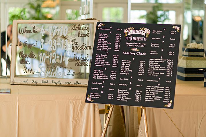Wedding seating chart on an easel and a framed mirror with etched text, set on a table.