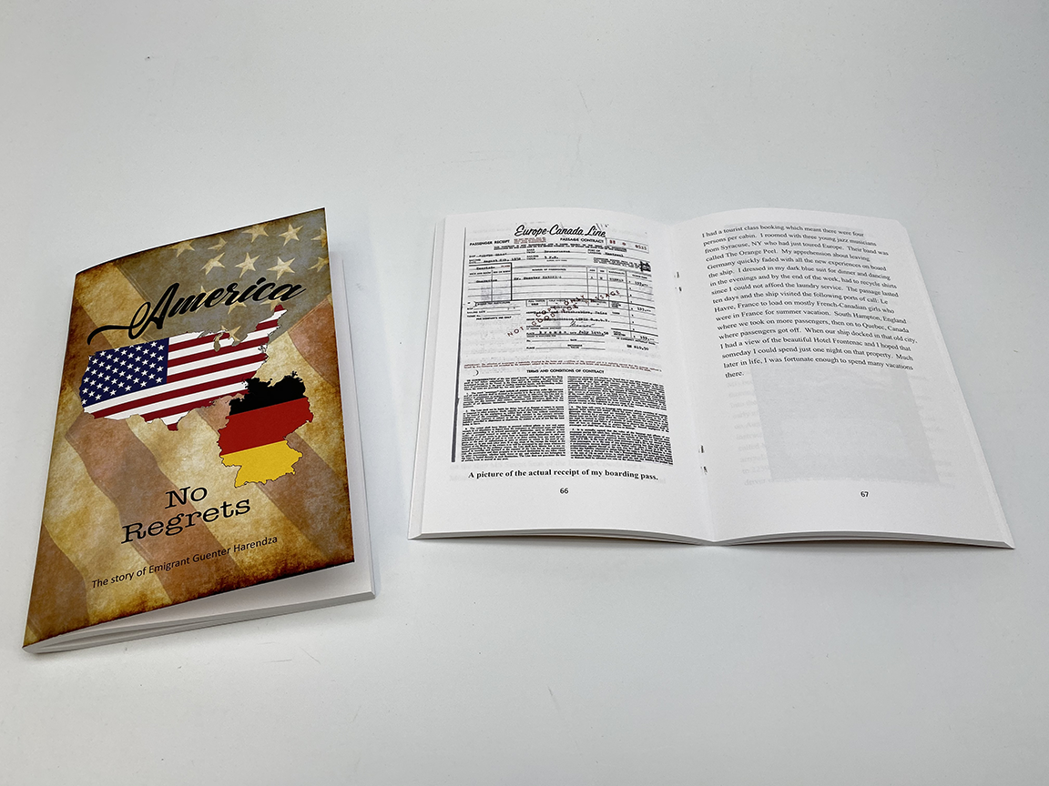 A book with an American-German theme. It's open, displaying text and illustrations, with a cover showing a US flag and a German map.