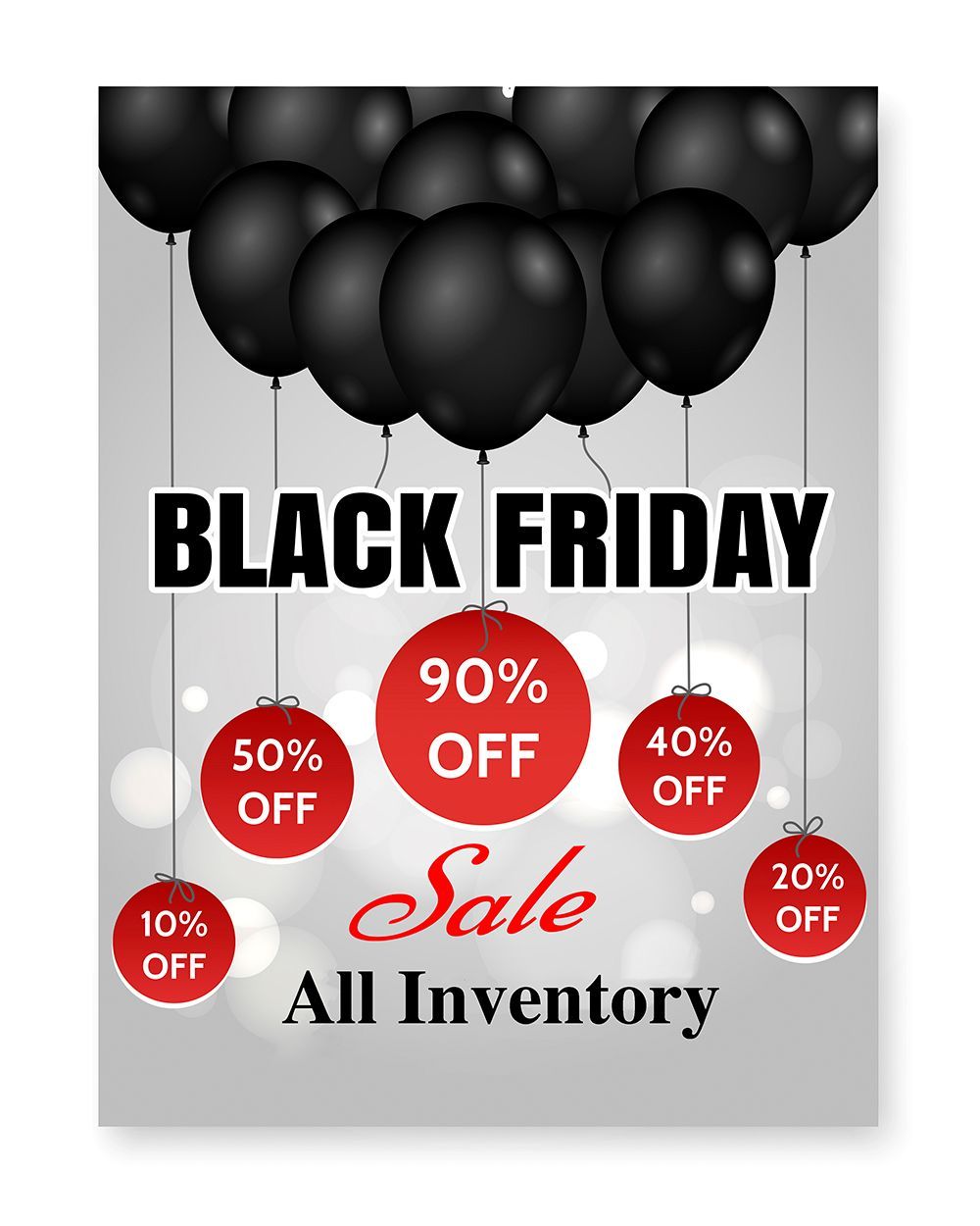 Black Friday sale flyer. Black balloons hang over text and discount circles (10-90% off).