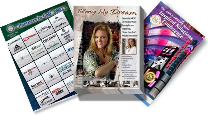 Three magazines: golf sponsors, woman with title