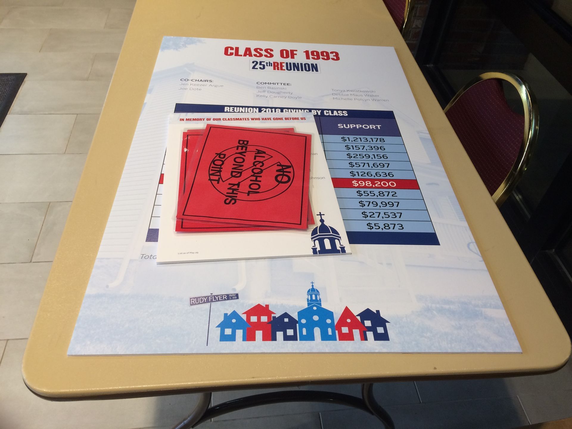 Poster for class reunion with red square that says 