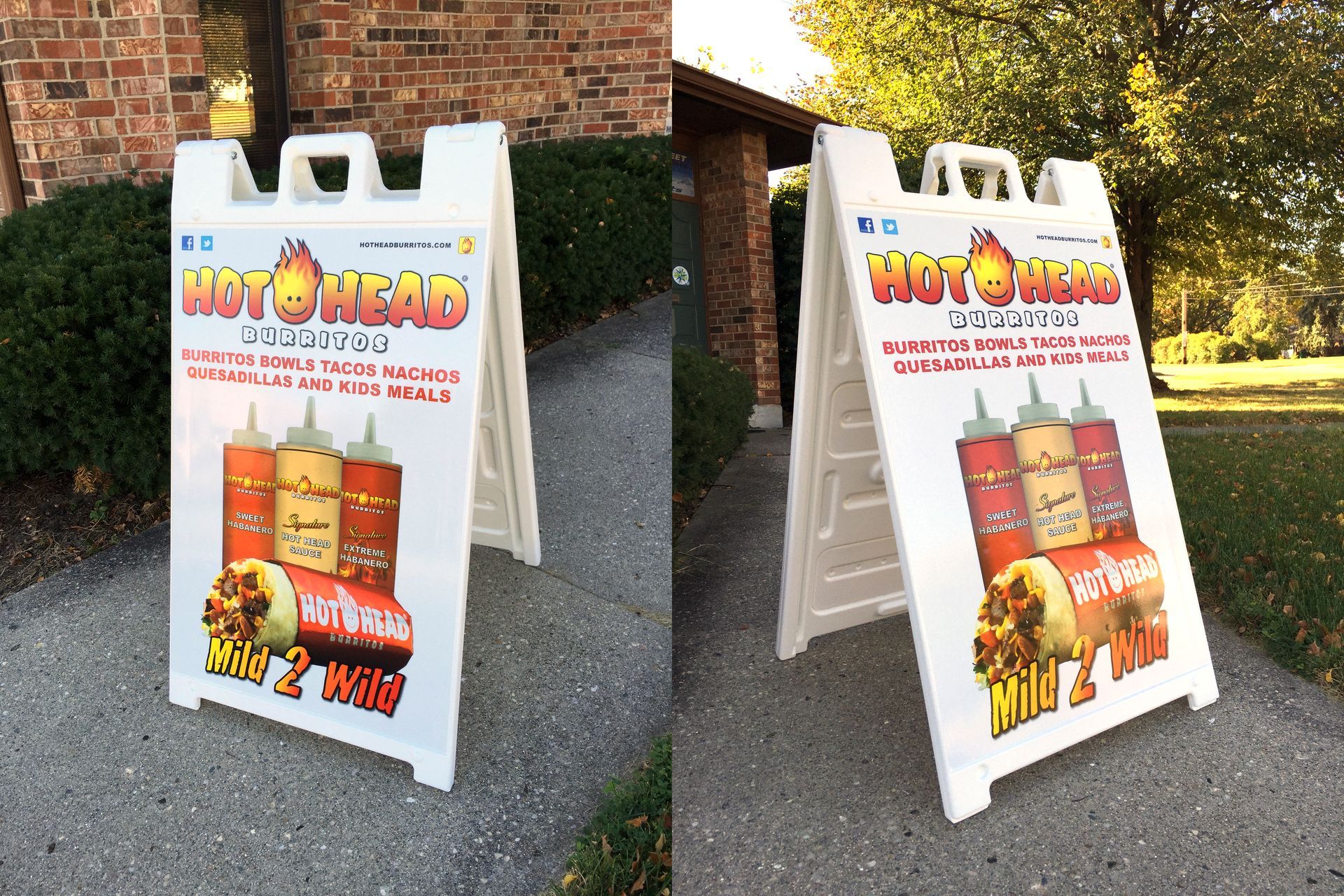 Two white A-frame signs on a sidewalk advertising 