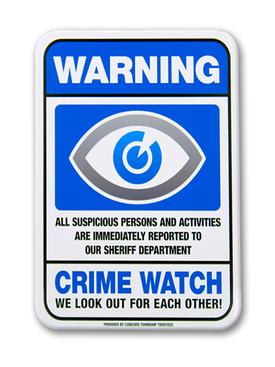 Blue and white Crime Watch sign with an eye graphic, warning of suspicious activity reporting.