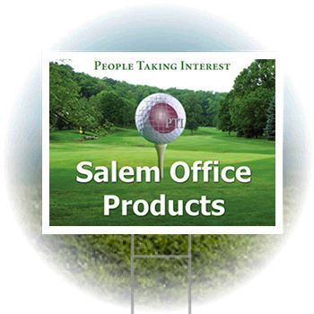 Sign on a golf course for Salem Office Products, featuring a golf ball and greenery.