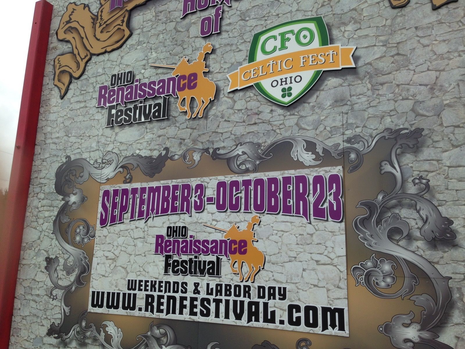 Sign for the Ohio Renaissance Festival. Dates: September 3 - October 23. Includes a Celtic Fest emblem.