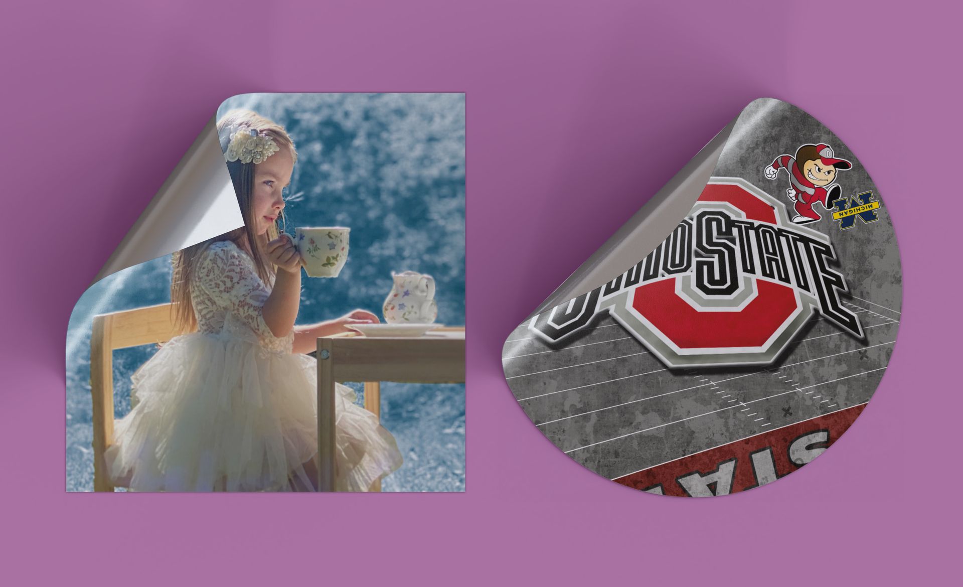 A girl in a dress at a table, Ohio State sticker, on a purple background.