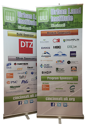 Two retractable banners for the Urban Land Institute. Banners list sponsors and Cincinnati website.