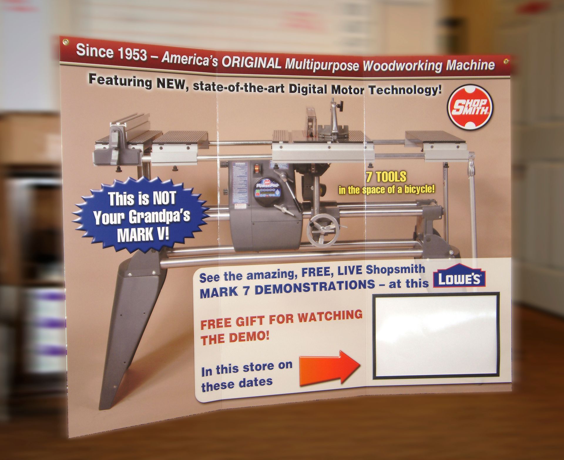 Advertisement for a Shopsmith Mark 7 multipurpose woodworking machine at Lowe's, featuring its new digital motor technology.
