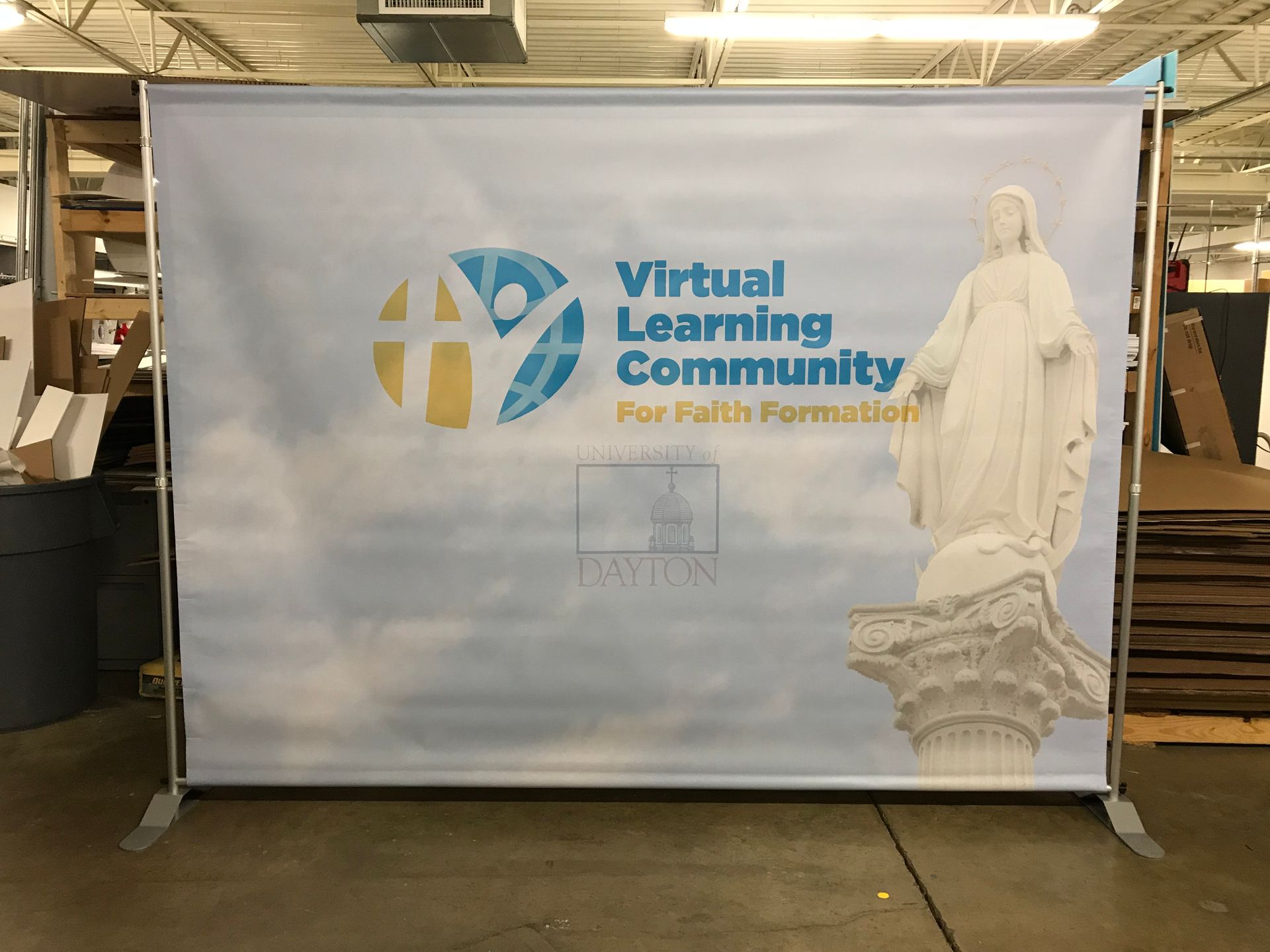 Banner: Virtual Learning Community for Faith Formation; features logo, statue of Mary.