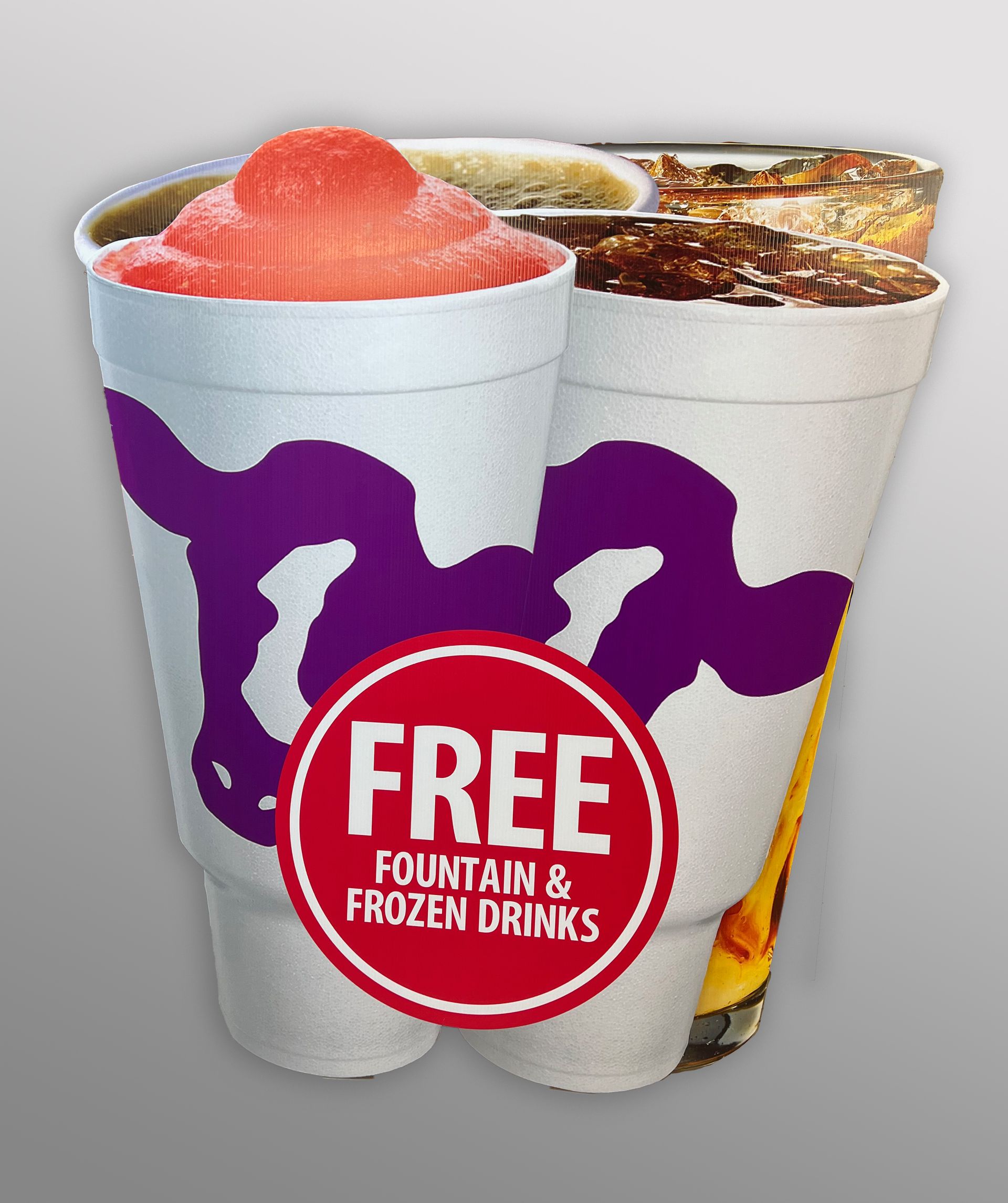 Free fountain and frozen drinks promotion in white foam cups with purple logo.