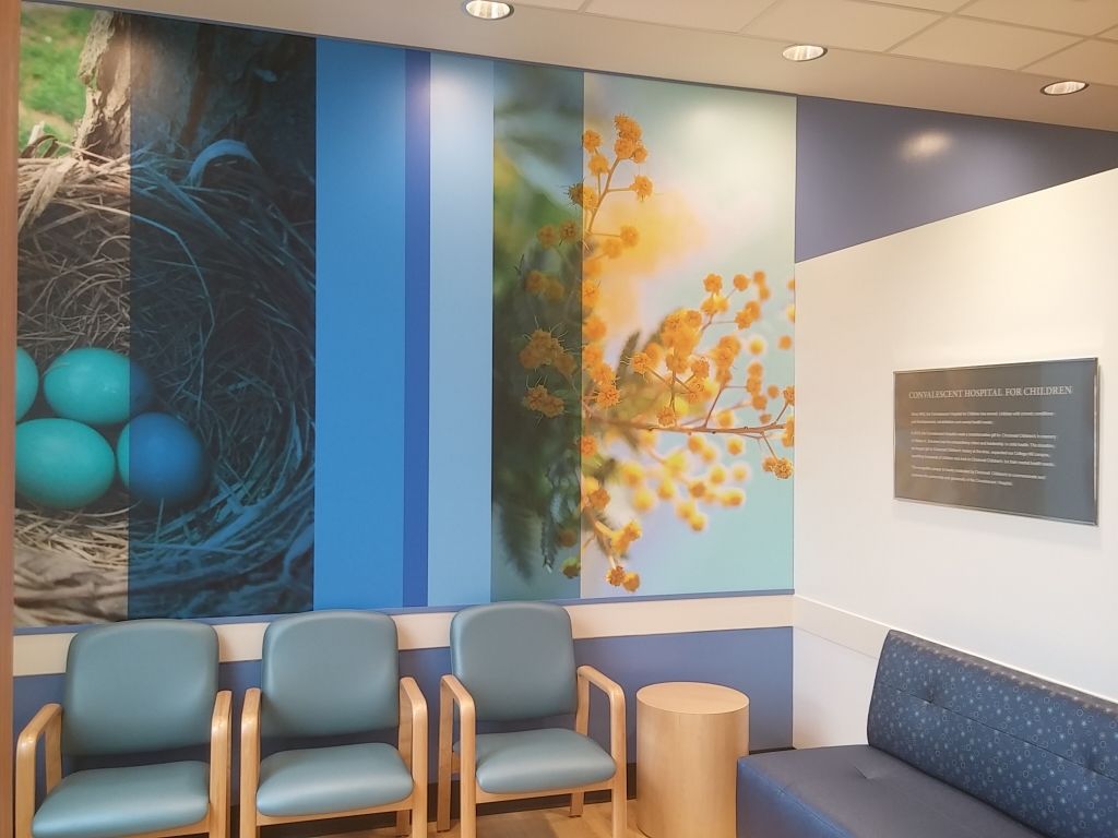 Waiting room with colorful wall art depicting nature scenes and blue chairs.