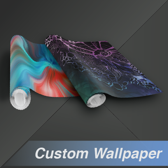 Two rolls of custom wallpaper with colorful abstract designs, labeled