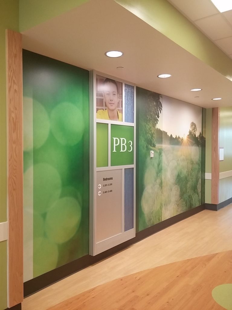Hallway with green mural, signage labeled PB3, and wood accents.