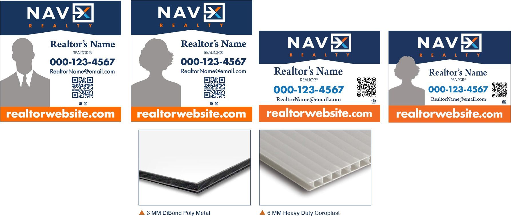 Business cards with the NAV logo, contact info, and QR codes. Also, two material samples.