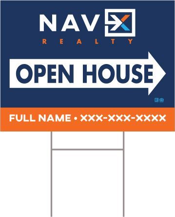 Open house sign for NAVX Realty, white text on blue/orange, with an arrow.