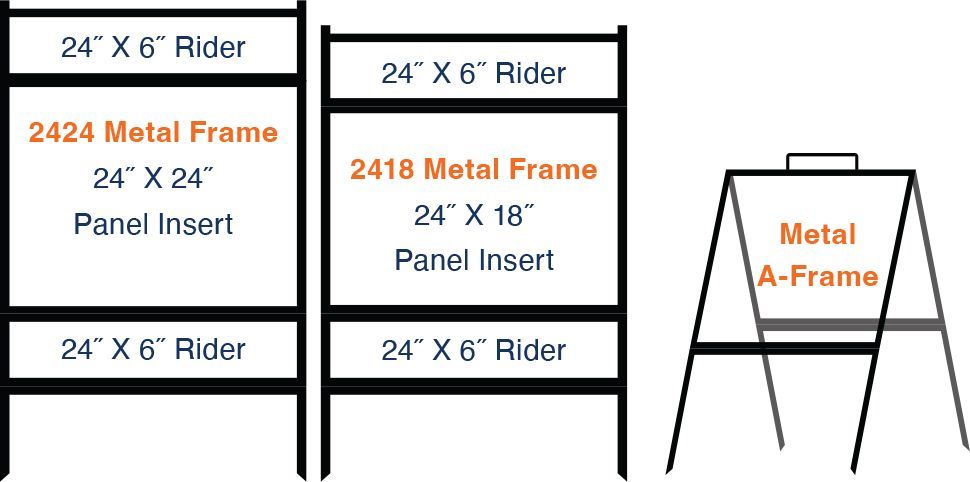 Sign frame examples: Metal frames (ladder and A-frame) with panels and riders.
