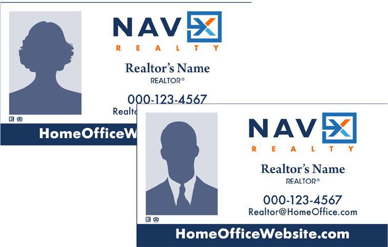 Business cards for NAV Realty with silhouette placeholders for headshots.