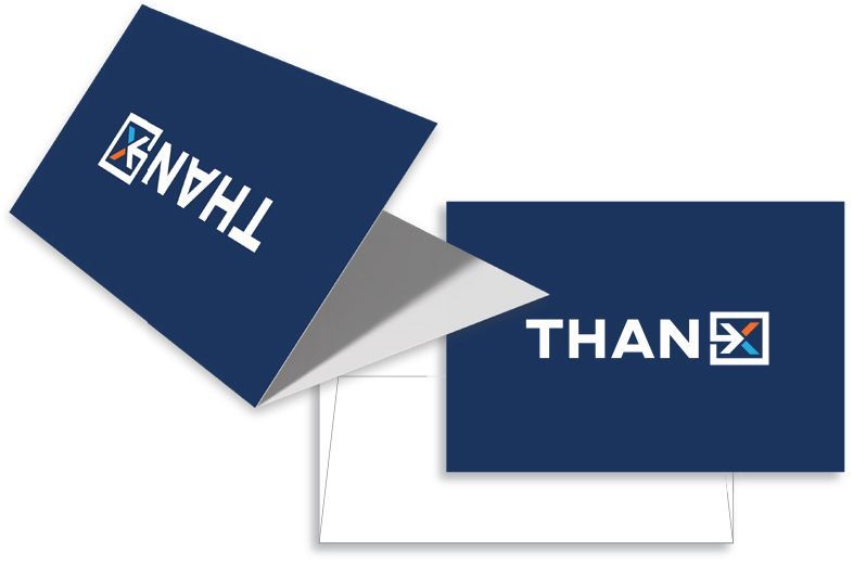 Navy blue thank you card with white text and an open envelope.