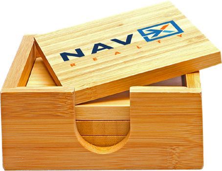 Bamboo coaster set with lid open, displaying coasters and the 