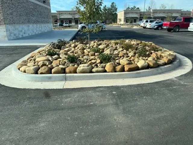 Circular garden bed in a parking lot, filled with rocks and small plants, surrounded by a concrete curb.