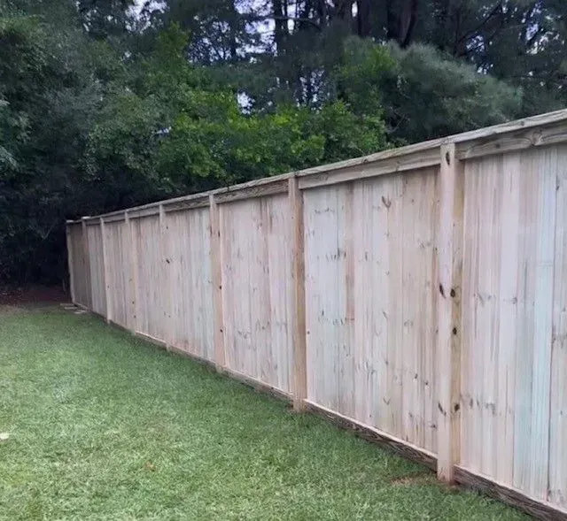Wooden fence in a grassy yard, trees in the background.