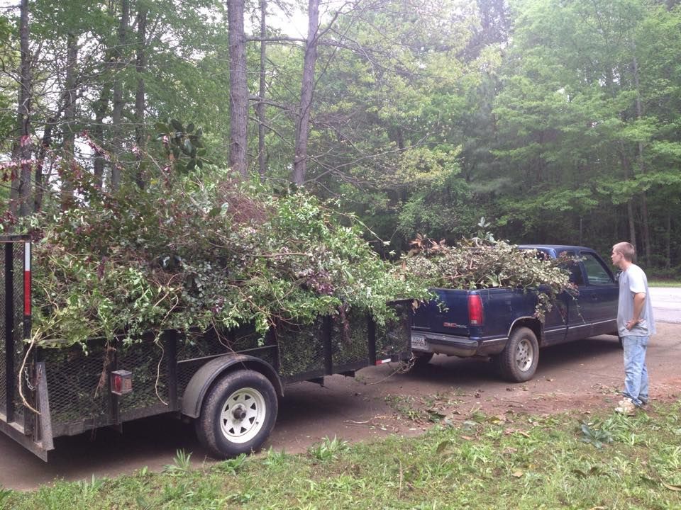 Man loading brush into a trailer hitched to a blue pickup truck in a wooded area.
